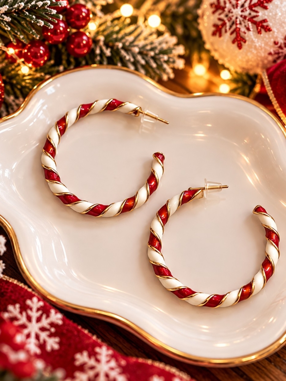 Christmas Red & White Candy Cane Hoop Earrings – Gold Tone Metal New